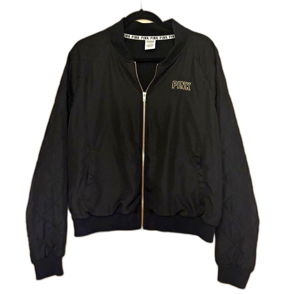 PINK Victoria’s Secret Women’s Bomber Jacket Black Quilted Full Zip Logo Size L